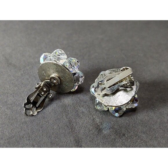 Aurora Borealis Crystal Cluster Clip On Earrings Vintage Mid 1900's - Picture 6 of 9